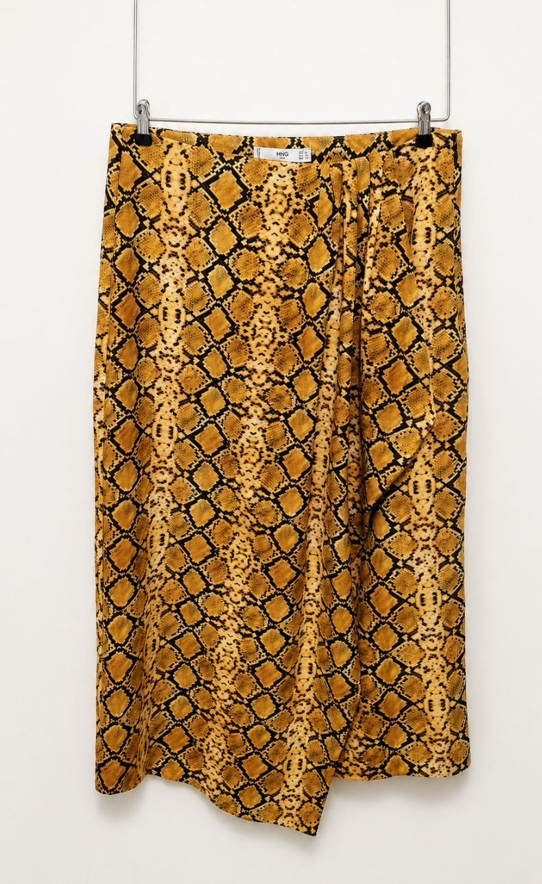 Mango mustard-yellow snakeskin print wrap-detail midi skirt